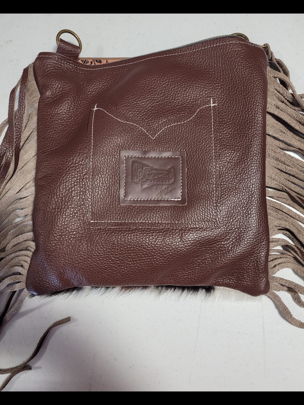 Fringe Crossbody Bag with Cowhide and Tooled Leather - Brown/White - Picture 4 of 7